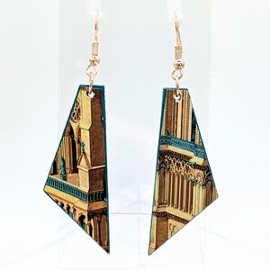 Notre Dame Cathedral Architectural - Handmade Earrings - Magazine Paper on Wood